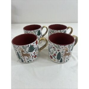 4 Place & Time Christmas Holiday Entertaining Lg Mug Red Green Deer Gold Handle
